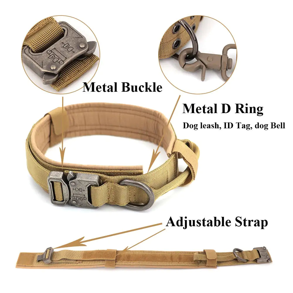 brown collar showing features - adjustable strap, inset showing metal D ring for leash or ID tag, and the metal buckle. white background. 