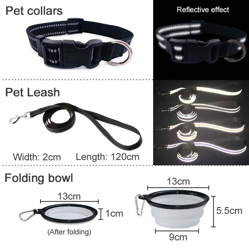 split image showing collar, leash with dimensions, folding bowl with dimensions, before and after folding and two images showing the reflective effect at night time. 