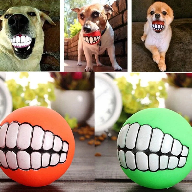 lifestyle split image, three different dogs with smile ball in their mouths, bottom two images of an orange and green ball on a wooden surface. 