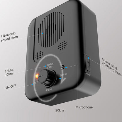 Close-up of a black device on a white background, showcasing the front and side. The dial displays features like Ultrasonic sound horn, On/Off, 20 khz, and power light. The side view points to the micro USB charging hole.