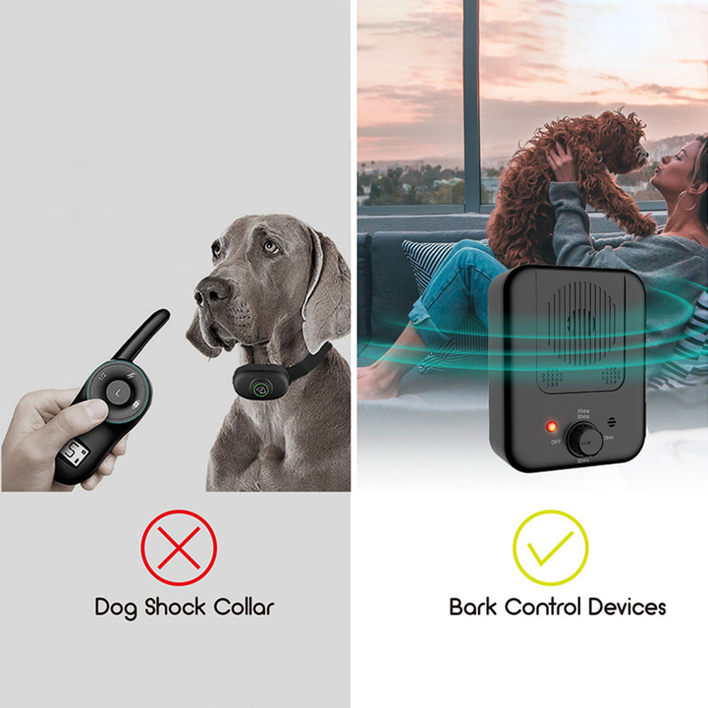 Comparison image: Left side - Unhappy dog wearing a shock collar with a hand holding a remote device pointed at the dog. Text reads 'Dog Shock Collars' with a red circle and cross. Right side - Woman lounging on sofa, holding up a small dog to her face. Text reads 'Bark Control Devices' with a green circle and tick