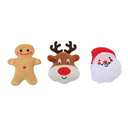 three plush cat toys on white background. a reindeer, Santa Claus and a ginger bread man.