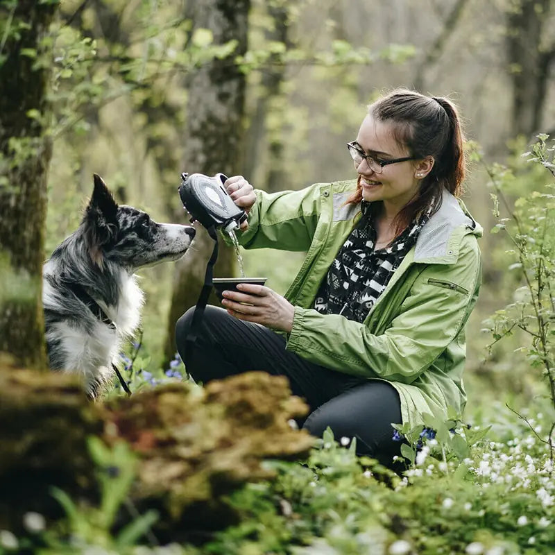 Woman pours water from the leash's water compartment, into the collapsible bowl, while the dog watches on. They are in the outdoors, forest setting. 