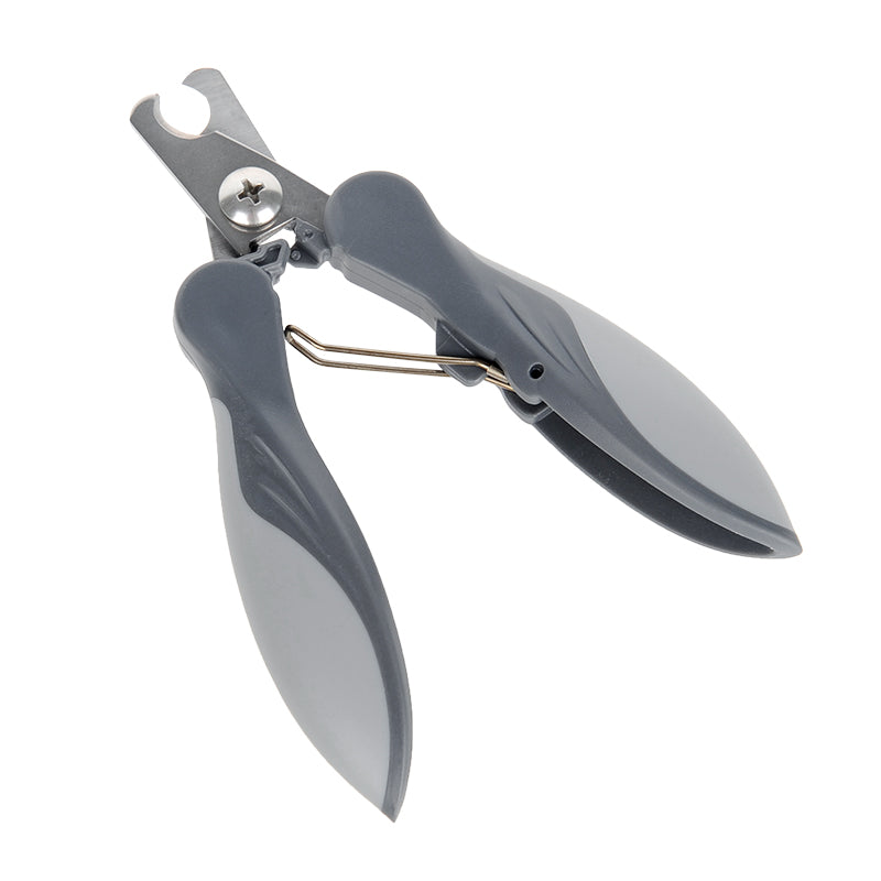 grey nail clippers in open position on white background. 