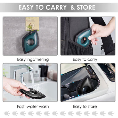 white background, split image. top left shows black product hanging from a hook, top right shows the device being stored in a side pocket of a bag, bottom left image shows the product being rinsed under a running tap and bottom right shows the device stored in the console section of a vehicle. 