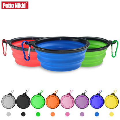 white background, main image shows red, blue and green collapsible pet bowls, below displays colors available - grey, black, green, orange, pink, purple, blue and yellow. 