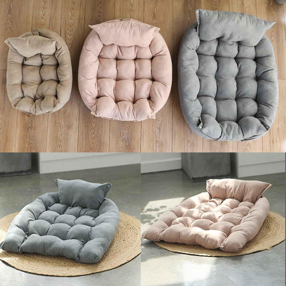 split image, top picture shows three sizes and three colors of haven pet bed. Bottom two images show a pink and grey bed in a home setting. 