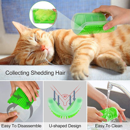 Top image: Ginger tabby cat asleep on floor, being brushed with a green brush; inset shows hair collected in bristles. Bottom images: Left shows easy disassembly; Middle displays U-shaped design with red arrows depicting 90-degree angles; Right shows hands rinsing green brush under tap with running water, illustrating ease of cleaning