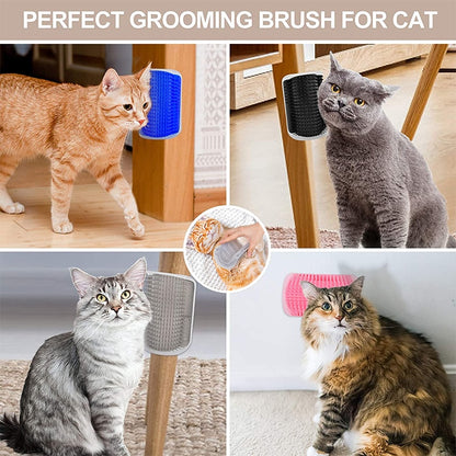 Cat grooming brushes attached to walls and furniture, with different cats using them.