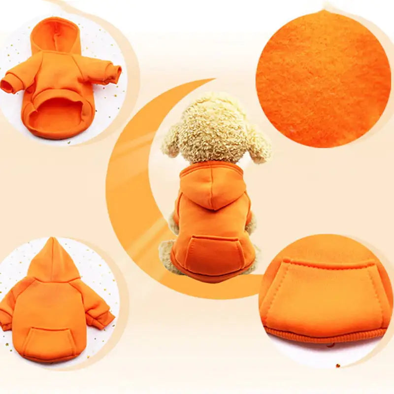 orange hoodie on a plush toy dog in centre of the photo, insets show close up fabric, front and back view and close up of pocket design. 