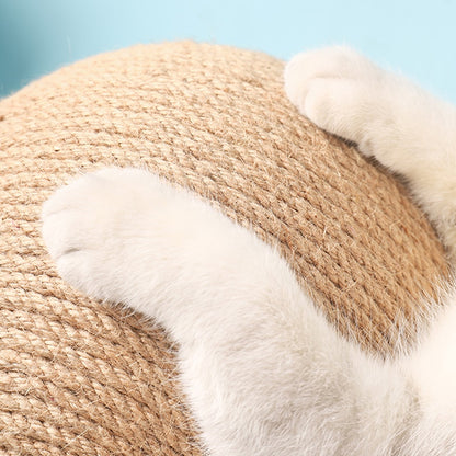 close up shot of a cat's white paws on the rope textured scratching ball. 