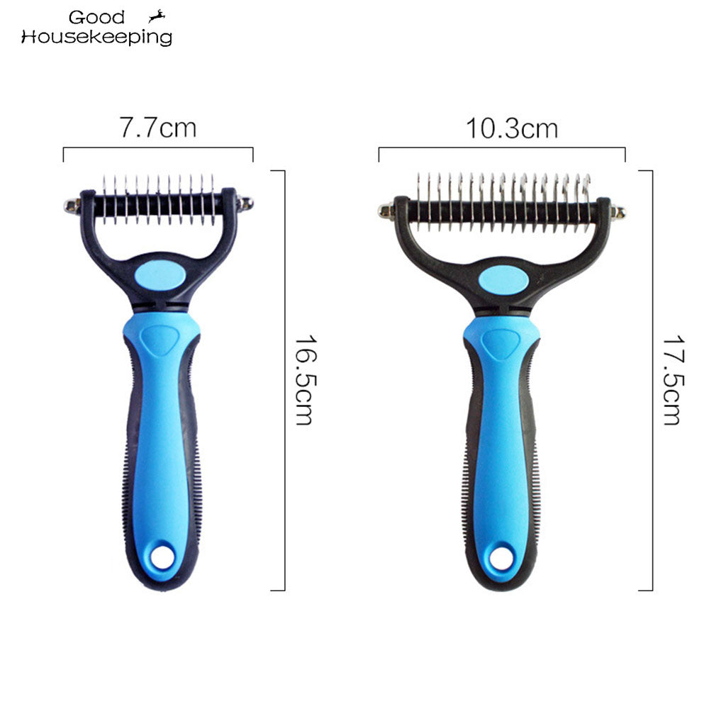 white background, two grooming combs, both blue, side by side with size comparison dimensions. 