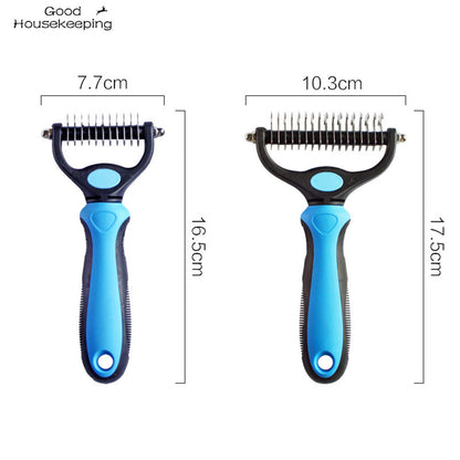 white background, two grooming combs, both blue, side by side with size comparison dimensions. 