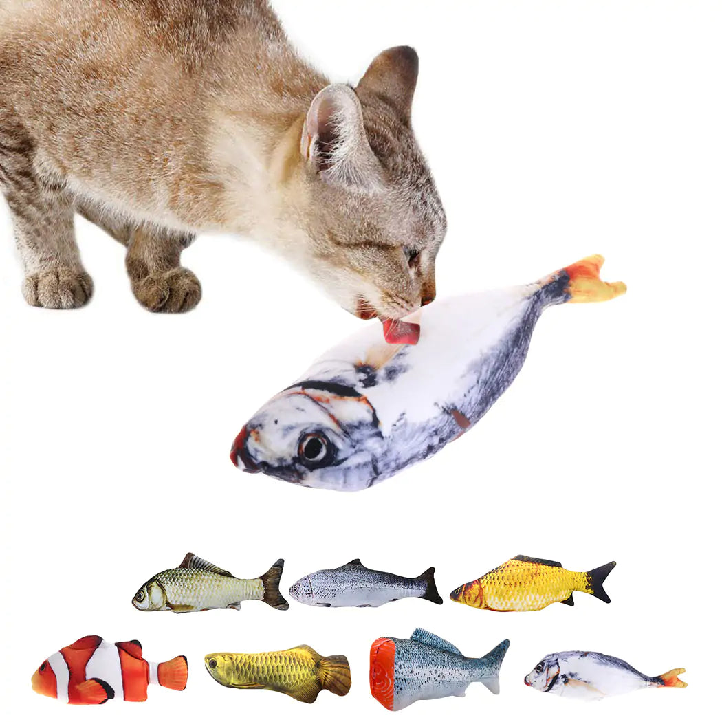 white background, cat licking a fish shaped toy. Seven different styles displayed at bottom of the page. 