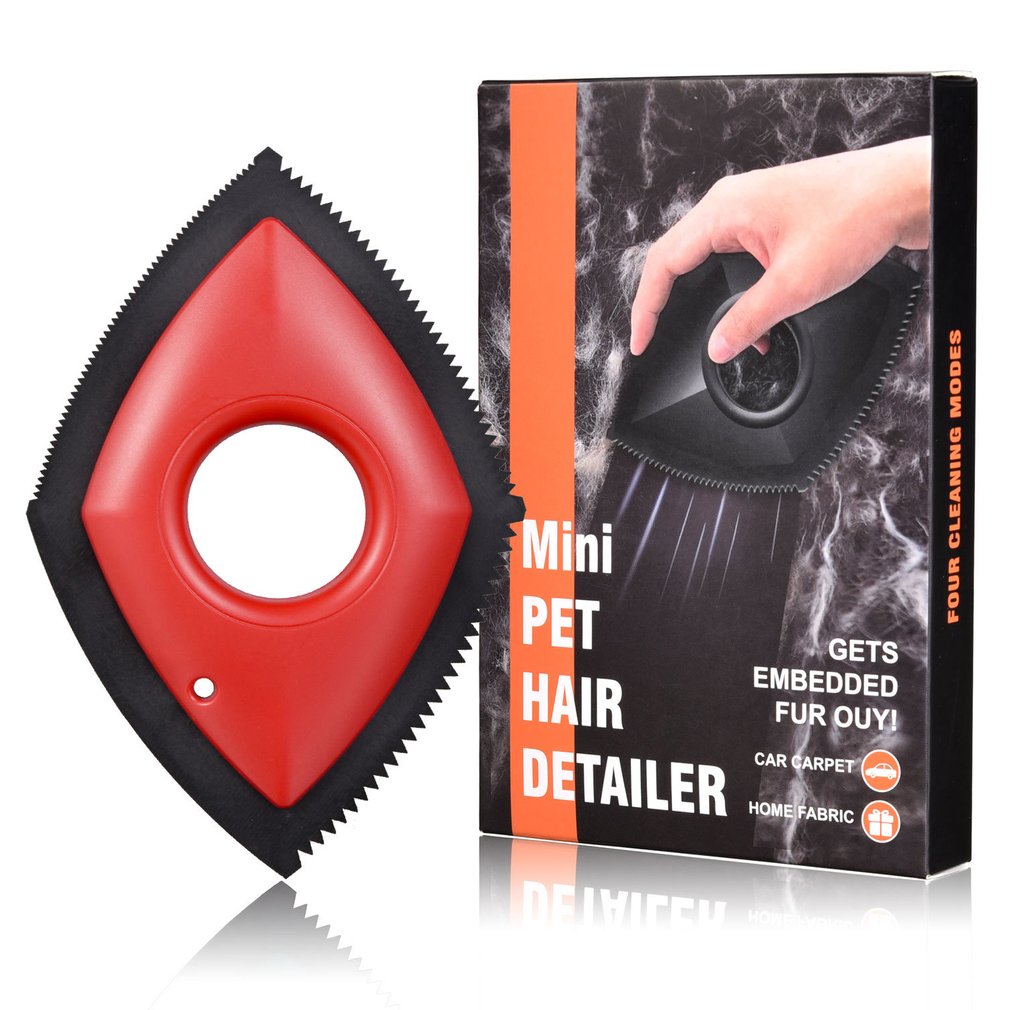 Red Mini pet hair detailer, next to vertical product packaging on white background.