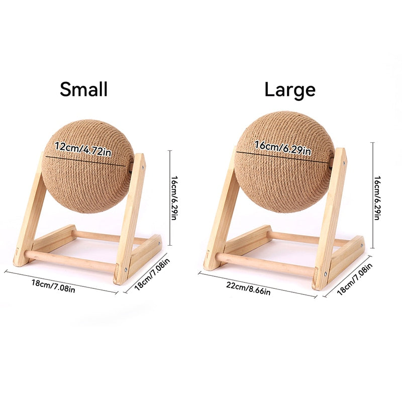 white background, small and large scratching balls pictured with directional arrows showing dimensions of both units. 