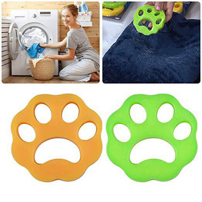 split image, white background. top left a woman loads a washing machine in a home laundry. Top right image is a close up of a green product and blue blanket, showing pet hair on both. Bottom image shows an orange and green device on a white background. 