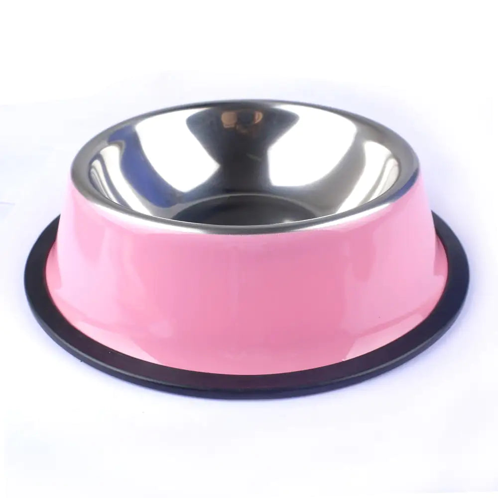 pink stainless steel pet bowl with non-slip base