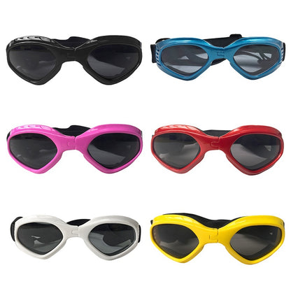 white background, six pairs of sunglasses - black, blue, pink, red, white and pink colors. 