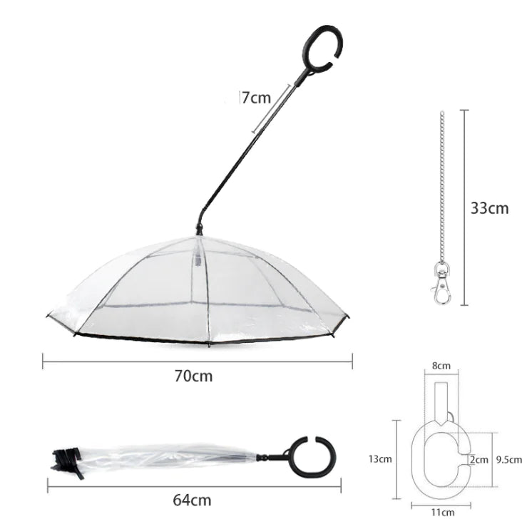 transparent pet umbrella on white background showing dimensions from different angles. 