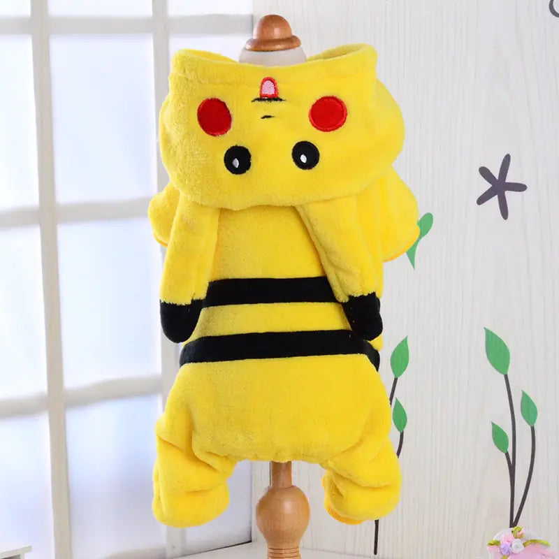 Yellow Pikachu costume on a display rack, showing hoodie section. home setting. 