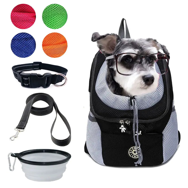 white background. main image of grey and white dog inside a black backpack, to the left is four small insets showing the four colours mesh fabric - pink, green, blue, orange. A black collar and leash are displayed and a unfolded bowl. 