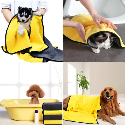 split image. top left shows a Husky puppy wrapped in the towel after a bath. Top right image shows a cat wrapped in a yellow towel. Bottom left image shows a small brown Poodle in a yellow plastic bath tub, with a bottle of shampoo to the side and a stack of four towel. Bottom right image shows a larger retriever dog in a home setting, with a yellow towel over his back. 