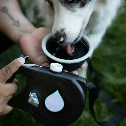 Close up shot of a dog drinking from the collapsible bowl, as the person holds it in their hand, while holding the leash in the other. The leash is black. 