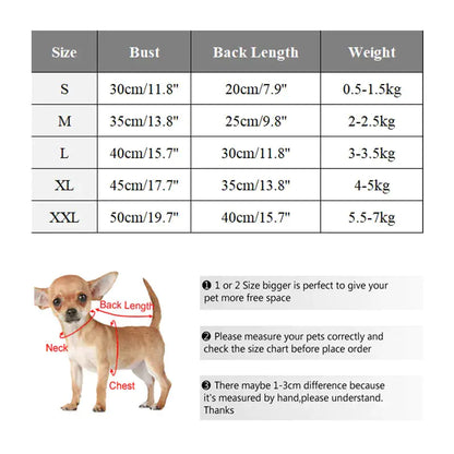 size chart on white background. a Chihuahua dog is bottom left on the page, showing back length, neck and chest areas to measure.