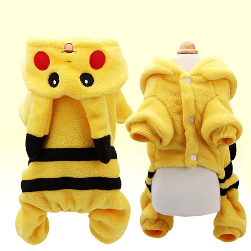 front and back image of Pikachu costume, pale yellow back ground