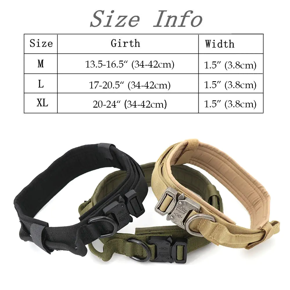 size chart on white background. the three colored collars show in the foreground - black, brown and green. 