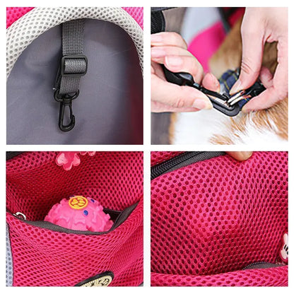 split image showing a pink backpack's different features, clasp, straps, mesh material, pockets and zips. 