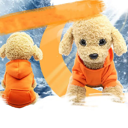 small plush toy dog wearing an orange hoodie, front and back views on multi color background. 