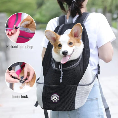 woman with dark hair in outdoor setting, with black pet travel carrier backpack on her back, with a Corgi dog in it. Two insets show retraction clasp and inner lock close up images. 