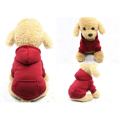 red hoodie on plush toy dog, three angles showing front, side and back views