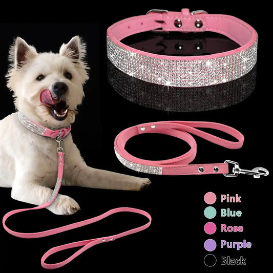 Black background. Main image is of west highland white terrier wearing a pink collar and lead set. A pink matching leash is pictured in the middle and color patches indicate colors available - pink, blue, rose, purple and black. 