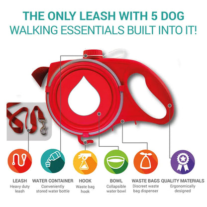 Diagram of a red leash, displaying the features and benefits of the product. An inset shows the red heavy duty leash. Arrows show the water container compartment, waste bag hook, collapsible water bowl, waste bag dispenser and a badge indicating quality materials and ergonomically designed. 